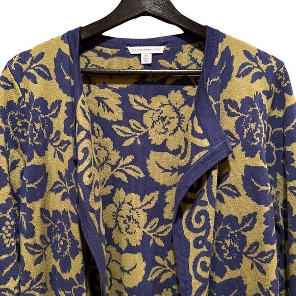 Isaac Mizrahi Live Sweater Womens XS Navy Olive Floral Open Cardigan - Picture 2 of 10